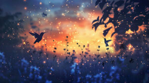 A dreamy composition of hummingbirds glowing softly against a twilight sky, with stars beginning to twinkle in the background