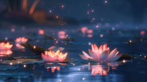 A dreamy composition of lotus flowers glowing softly in the moonlight, surrounded by the gentle ripples of a calm lake