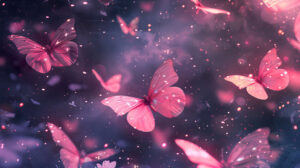 A dreamy composition of pink butterflies glowing softly against a dark, starry background, evoking a magical night scene