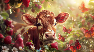 A dreamy scene combines a strawberry cow with butterflies and bees against a soft background in Strawberry Cow Harmony.jpg