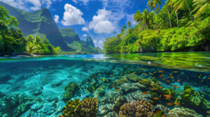A dreamy scene of a tropical lagoon, with crystal clear waters, colorful fish, and lush greenery surrounding the shores
