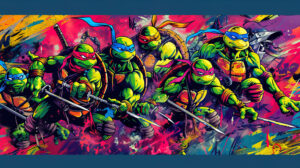 A dynamic and lively wallpaper showcasing the Ninja Turtles in different action stances against a graffiti inspired backdrop