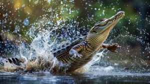 A dynamic shot of a crocodile lunging out of the water to catch its prey, water droplets frozen in mid air capturing the intensity of the moment
