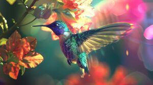 A dynamic wallpaper capturing a hummingbird in motion its gleaming feather catching the sunlight as it hovers close to a flower