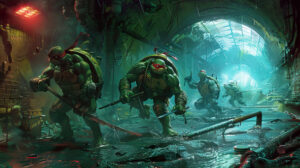 A dynamic wallpaper capturing the Ninja Turtles in their underground hideout poised for combat with weapons at the ready