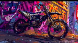 A dynamic wallpaper featuring a vibrant graffiti style dirt bike illustration against an urban backdrop with energetic elements