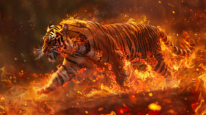 A dynamic wallpaper showing a fiery tiger bursting through a blaze filled jungle emphasizing its fierce energy and intensity