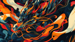 A dynamic wallpaper with bold colors and dragon shaped flames in an abstract design featuring energetic lines that evoke a sense of movement
