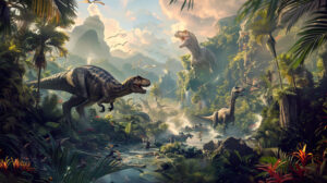 A dynamic wallpaper with dinosaurs running through a dense jungle, with vibrant flora and fauna all around