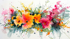 A dynamic watercolor wallpaper showcasing a floral arrangement with bursts of vivid hues and graceful brushstrokes evoking a feeling of energy and liveliness