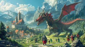 A fantasy wallpaper featuring a cheerful dragon engaging with knights and villagers in a whimsical landscape