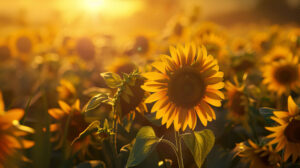 A field of sunflowers basking in the golden light of the setting sun, their bright yellow petals creating a cheerful and uplifting scene