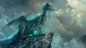 A fierce dragon with glowing eyes and scales that shimmer in shades of blue and green, perched on a rocky cliff against a stormy sky