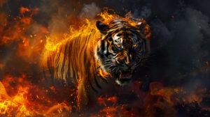 A fierce tiger with blazing eyes and flames engulfing its body, roaring against a dark, smoky background, its fur seemingly turning into fire