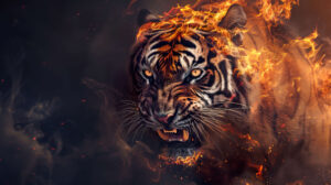 A fierce tiger with blazing eyes and flames enveloping its body roaring on a dark smoky backdrop its fur appearing to transform into fire wallpaper.jpg