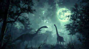 A full moon casting its light on dinosaurs in a nighttime setting evoking a magical and mysterious ambiance captured in a wallpaper