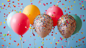 A fun and festive wallpaper featuring balloons and confetti made of sprinkles, perfect for celebrating special occasions