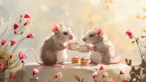A fun illustration of rats having a tea party with tiny teacups and pastries, set against a pastel background