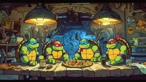 A fun wallpaper showcasing the Ninja Turtles having a pizza party in their underground hideout drawn in a playful cartoon style