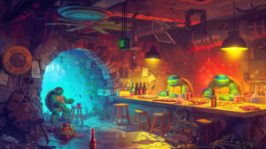 A fun wallpaper with a cartoon style showing the Ninja Turtles having a pizza party in their secret underground base