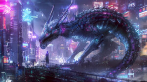 A futuristic dragon with metallic scales and neon accents, set against a backdrop of a cyberpunk cityscape