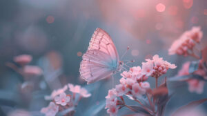 A gentle pink butterfly rests on a blooming flower with a dreamy effect created by soft focus and pastel tones in the wallpaper