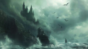 A gothic castle nestled on a cliff surrounded by a tranquil yet unsettling ambiance with ravens soaring above and waves crashing below