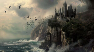 A gothic castle rests ominously on a cliff with ravens swirling above and ocean waves crashing below in a wallpaper titled Mystical Castle Cliff