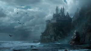 A gothic castle sits on a cliff surrounded by an eerie yet peaceful atmosphere with ravens gliding overhead and the crashing sea below in a picturesque wallpaper