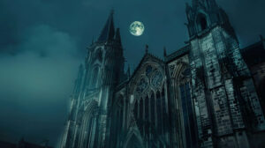 A gothic cathedral at night bathed in the full moons light features intricate stone carvings and colorful stained glass windows
