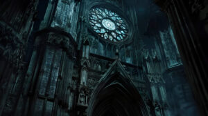 A gothic cathedral at night draped in darkness bathed in the glow of a full moon showcasing ornate stone carvings and vibrant stained glass windows