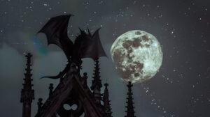 A gothic dragon perched on a cathedral spire its wings outstretched against a full moon and a starry sky featured in the wallpaper