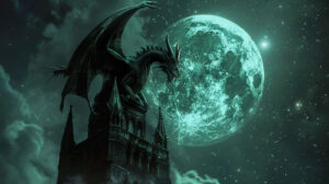 A gothic style dragon perched on a cathedral spire, its wings spread out against a full moon and a starry sky