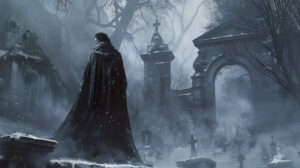 A gothic vampire draped in a long cloak poses in front of a misty graveyard in this atmospheric wallpaper named Gothic Vampire in Foggy Graveyard
