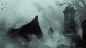 A gothic vampire elegantly dressed in a long cloak set against the misty backdrop of a graveyard shown in long flowing cloak gothic vampire against foggy graveyard.jpg