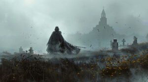 A gothic vampire portrayed in an artistic style wearing a flowing cloak set against a foggy graveyard background. Character limit 98