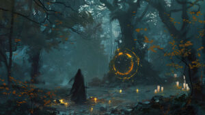 A gothic witch cloaked in mystery weaves spells in a dim forest encircled by shimmering runes and enchanting symbols in the shadows