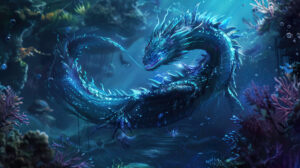 A graceful underwater dragon with bioluminescent scales elegantly moves through the depths of the sea