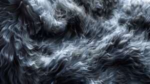 A grayscale wallpaper featuring detailed fur in shades of grey and black with a sense of depth