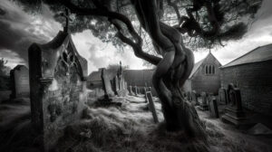 A haunting wallpaper featuring a black and white photograph of a gothic graveyard adorned with ancient tombstones and eerie twisted trees