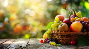 A lively blend of diverse fruits showcased in a woven basket on a charming wooden table with a sunny garden backdrop is the perfect wallpaper