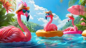 A lively portrayal of flamingos in sunglasses and sun hats relaxing on inflatable pool floats in a tropical paradise rendered as a wallpaper
