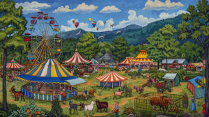A lively scene of a country fair with colorful tents, Ferris wheels, and farm animals, capturing the festive atmosphere of rural celebrations