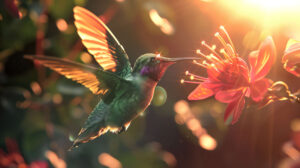 A lively scene of a hummingbird in airborne motion its iridescent plumage gleaming under the suns rays as it floats close to a flower captured in a wallpaper titled Midday Flight