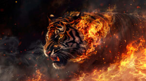 A lively tiger with fiery eyes engulfed in flames growling amidst a dark smoky setting where its fur appears ablaze