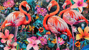 A lively tropical paradise is captured in the vibrant wallpaper featuring flamingos and tropical flowers in a colorful collage