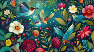 A lively wallpaper capturing hummingbirds flitting through a vibrant garden full of colorful blooms evoking a feeling of dynamic energy and motion