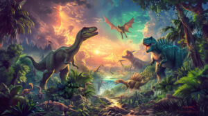 A lively wallpaper featuring a variety of dinosaurs moving through a prehistoric jungle highlighted by a towering T Rex and a soaring pterodactyl