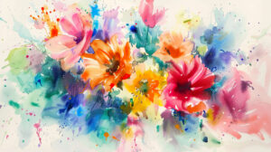 A lively wallpaper featuring a watercolor floral bouquet with vibrant colors and dynamic brushstrokes that evoke freshness and vitality