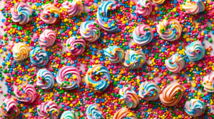 A lively wallpaper featuring swirling shapes and lines of vibrant multicolored sprinkles in an abstract pattern exuding a dynamic and festive vibe